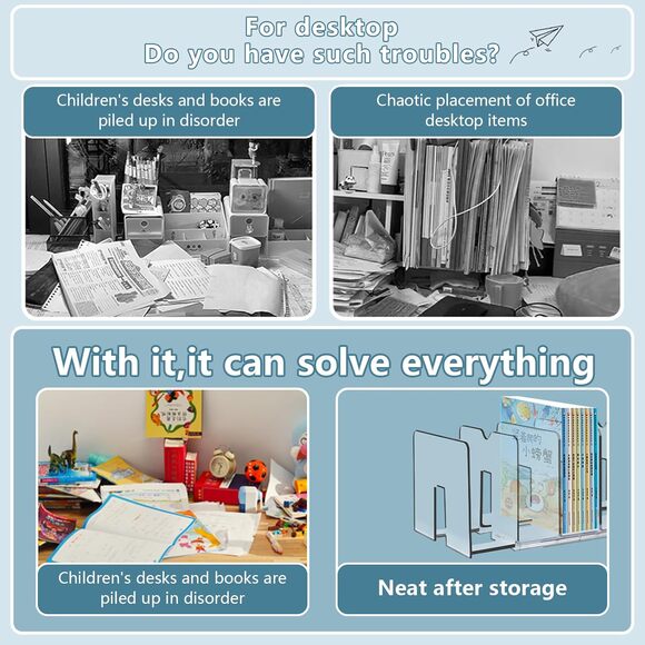 2PCS Adjustable Book File Organizer Set Blue & Clear Desk Divider 5-Slot Rack - Picture 5 of 7